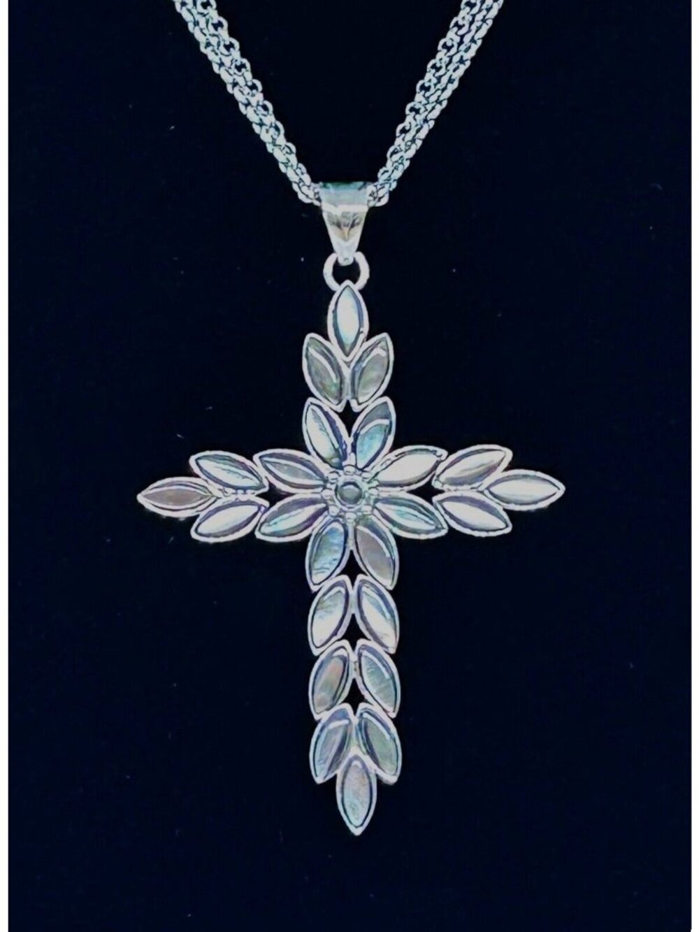 Stainless Steel Cross Necklace Chain Mother of Pearl Floral Pendant Leaf Marquis - Picture 1 of 10